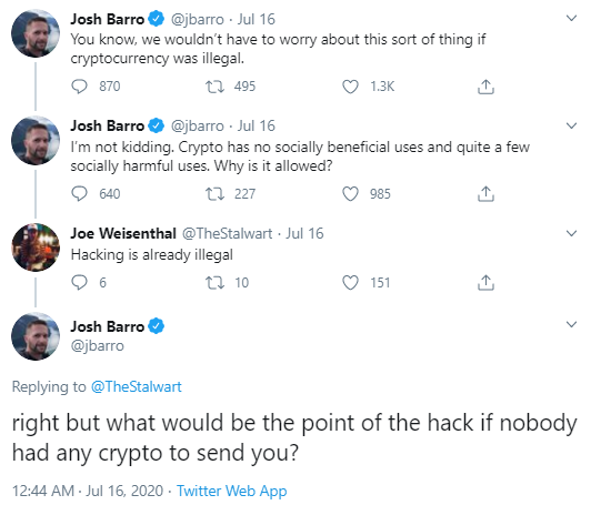 Josh Barro: ''Kripto Yasal Olmasaydı Twitter Hacklenmezdi!'' 2